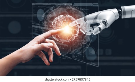 Ανθρώπινο χέρι σε επαφή με ψηφιακή/AI διεπαφή — συμβολισμός κλινικής τεχνολογίας υποστήριξης